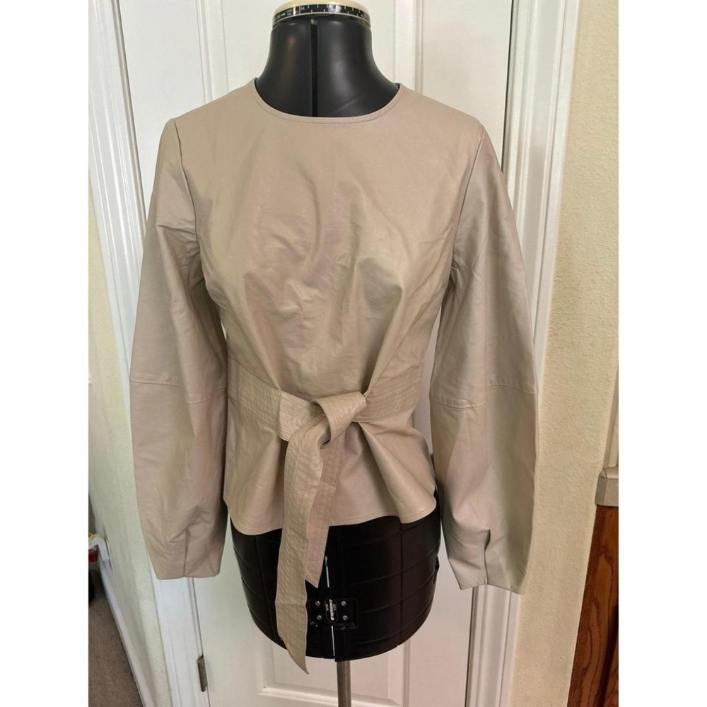 Express Womens Beige Faux Leather Peplum Belted Long Sleeve Top XXS